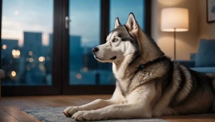 Ein Hund heult mit geschlossenen Augen und zurückgelegten Ohren beim Hören einer Sirene.