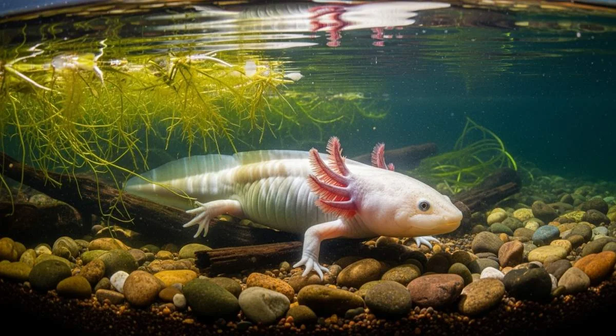 Axolotl putzt sich nur selten und bleibt meist ruhig am Gewässerboden.