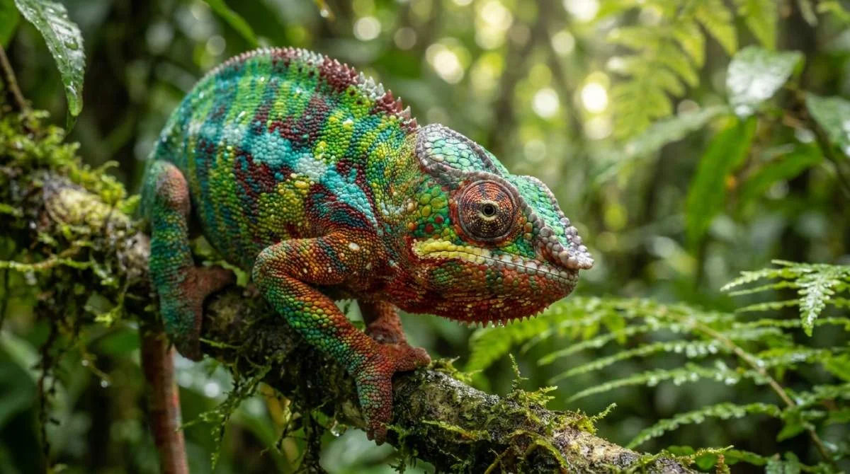 Chamäleon zeigt auffälligen Farbwechsel auf einem Ast