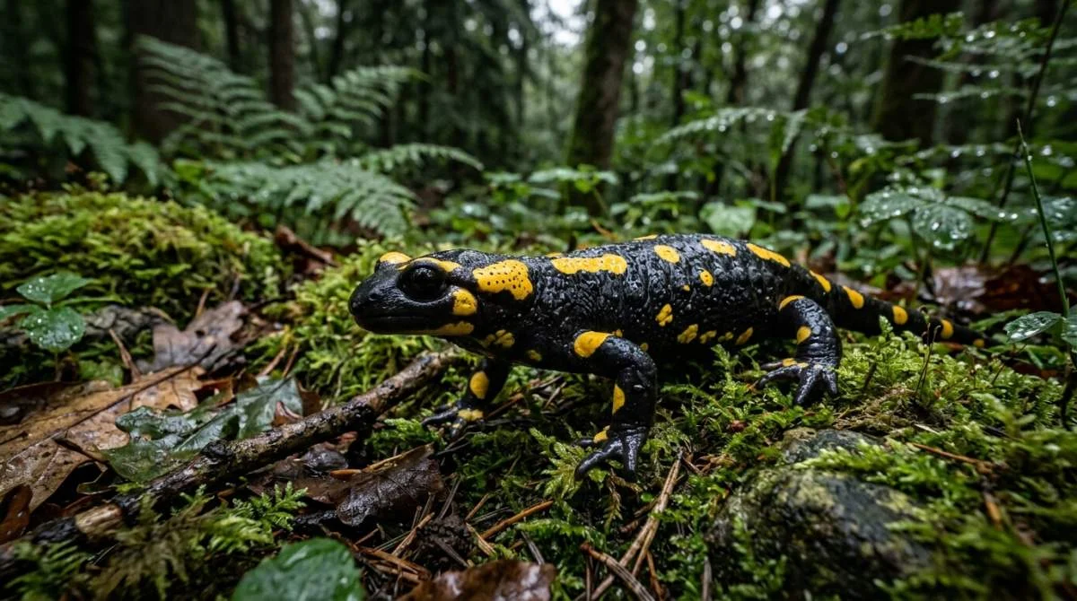 Feuersalamander auf moosigem Waldboden