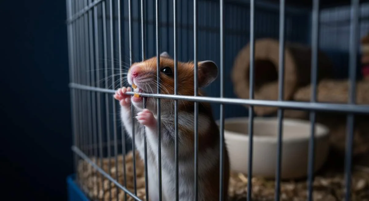 Hamster beißt aus Frust an den Gitterstäben