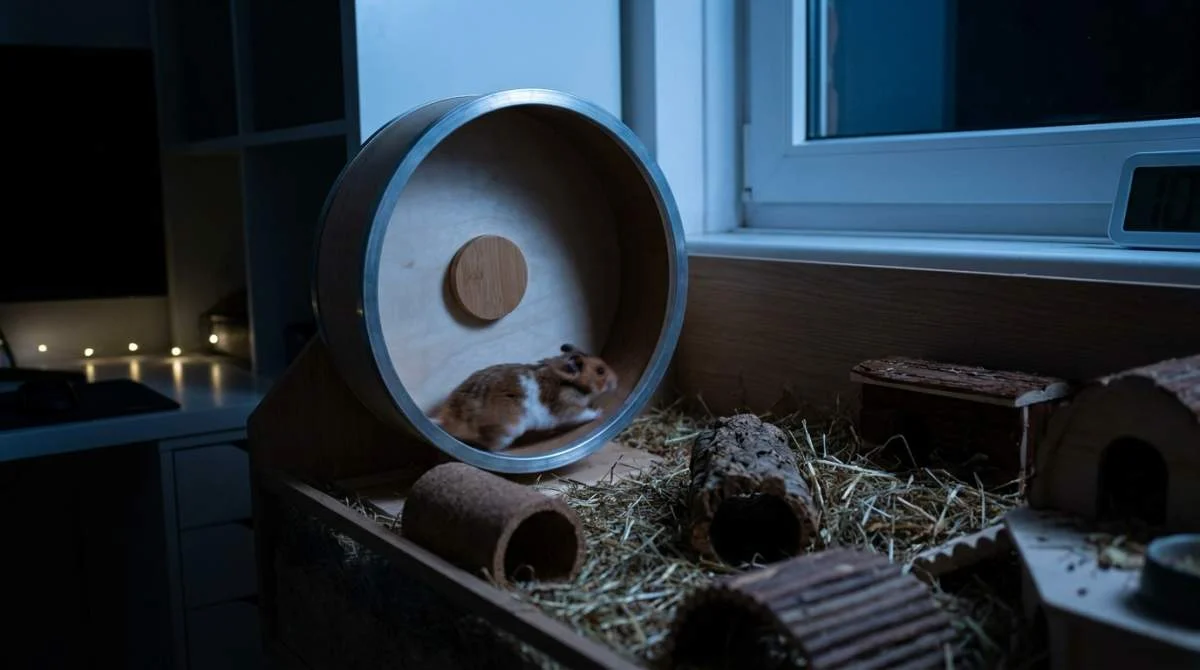 Hamster läuft nachts aktiv im Laufrad eines Käfigs