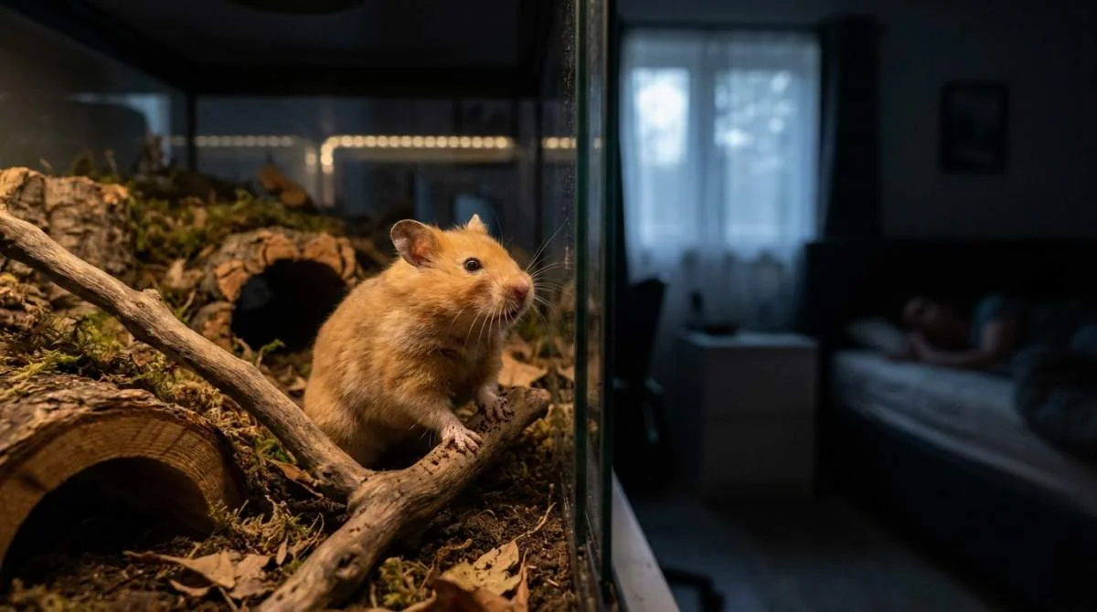 Wacher Hamster erkundet nachts aktiv seinen Käfig