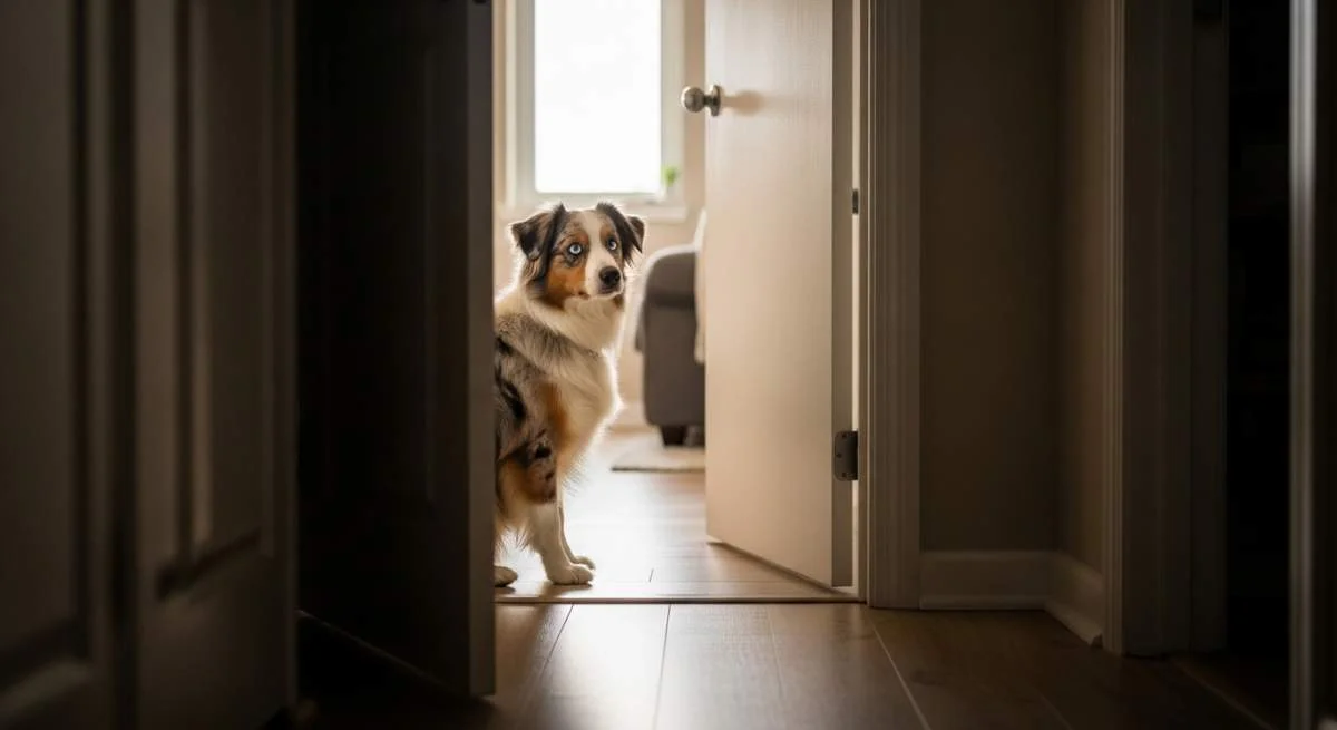 Hund folgt seinem Menschen sogar ins Badezimmer aus Rudelinstinkt