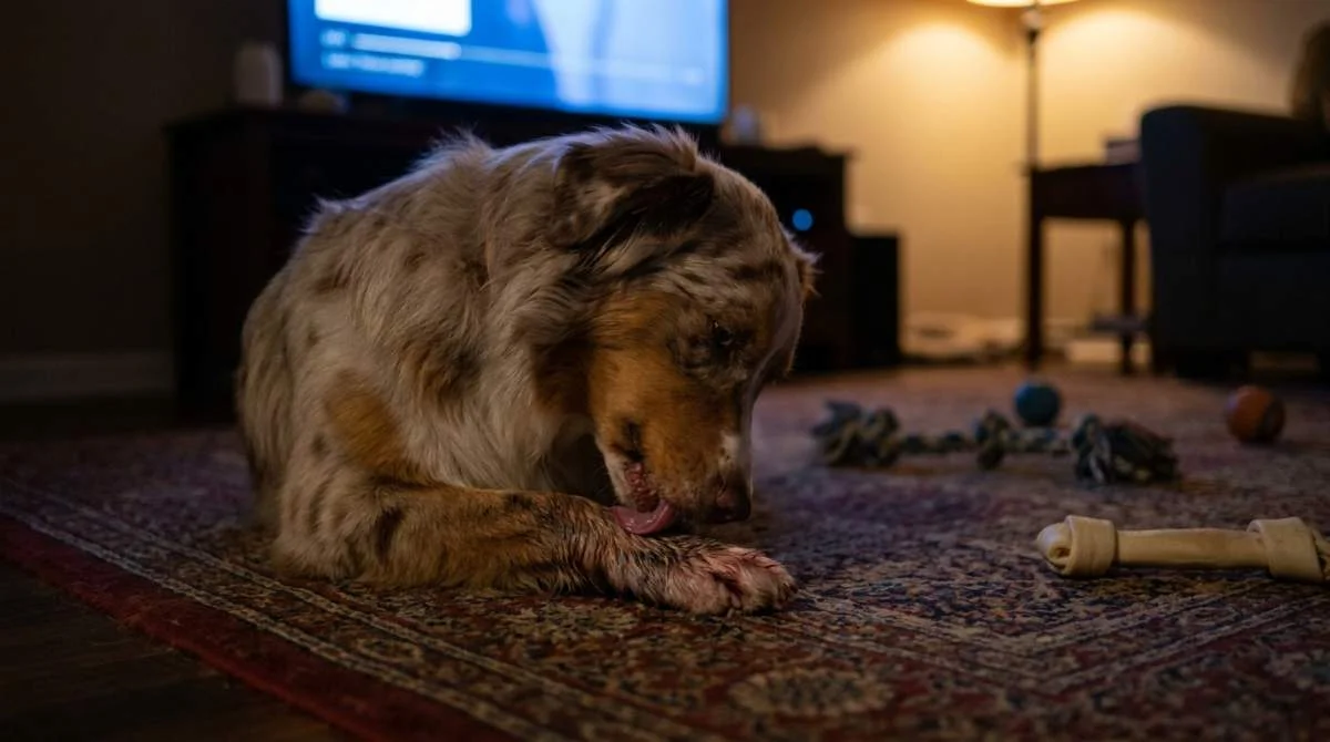 Hund leckt seine Pfoten aus Pflege oder Stress