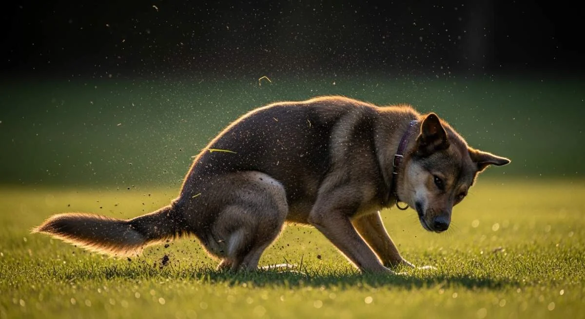 Hund scharrt nach dem Kotabsetzen mit den Hinterpfoten im Gras