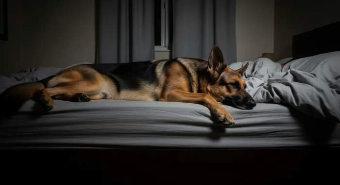 Hund schläft an den Füßen seines Besitzers aus Nähe, Schutzinstinkt und Verbundenheit.