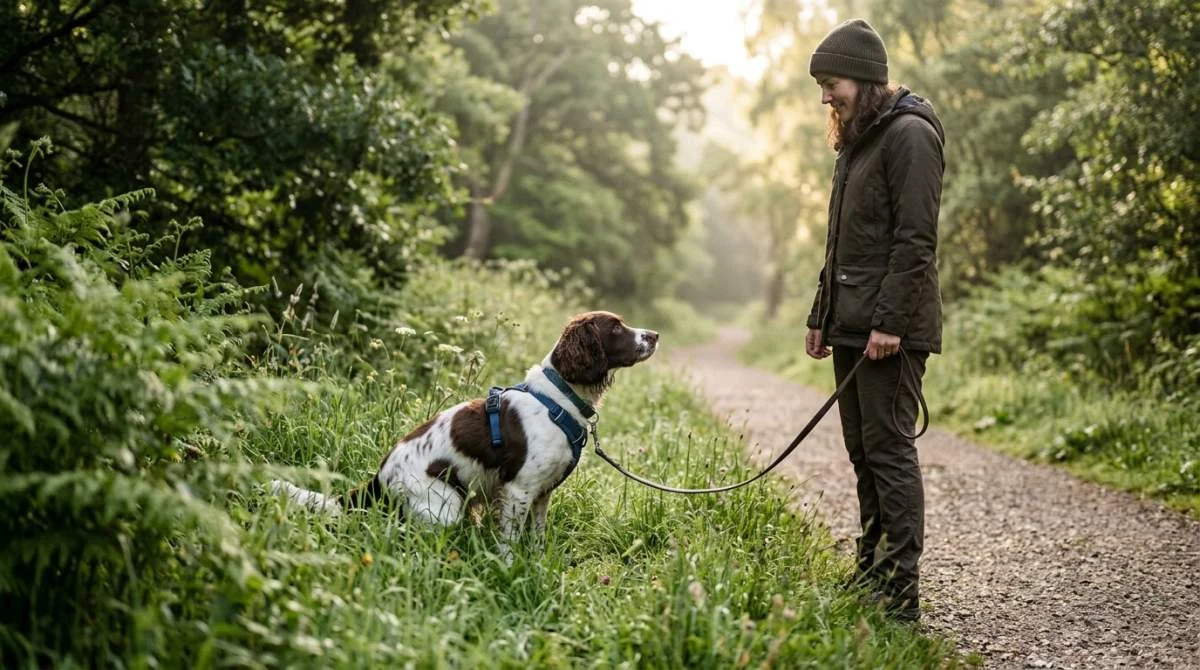 Hund blickt seinen Besitzer beim Koten an