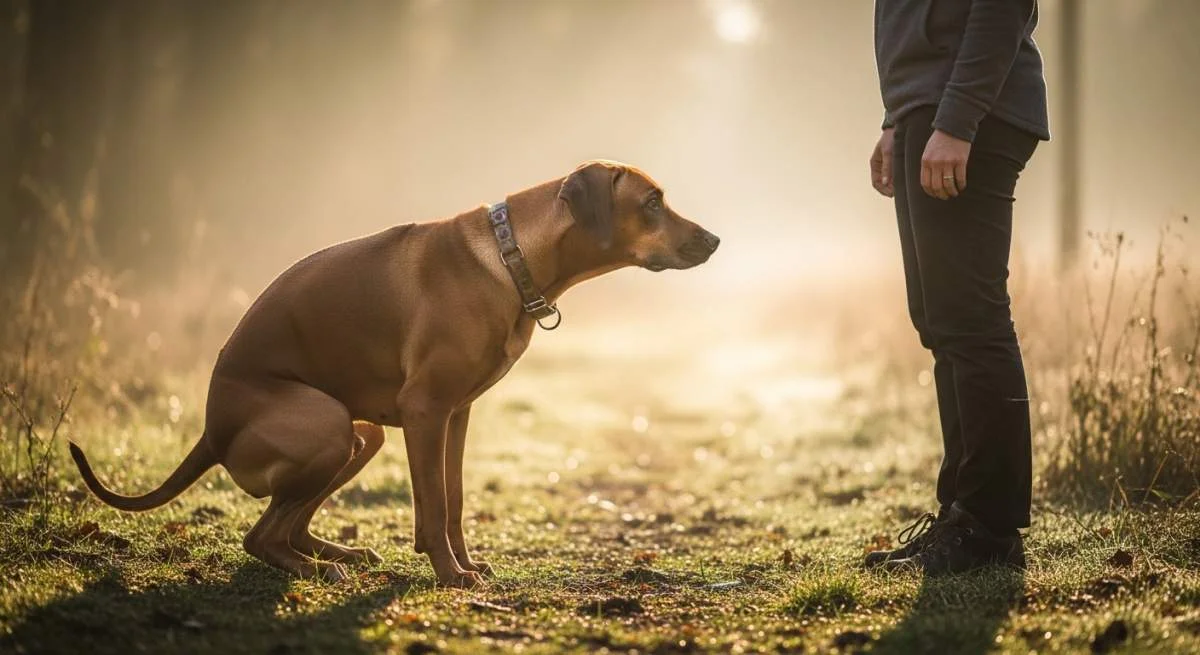Hund Sucht Schutz Beim Kotabsetzen