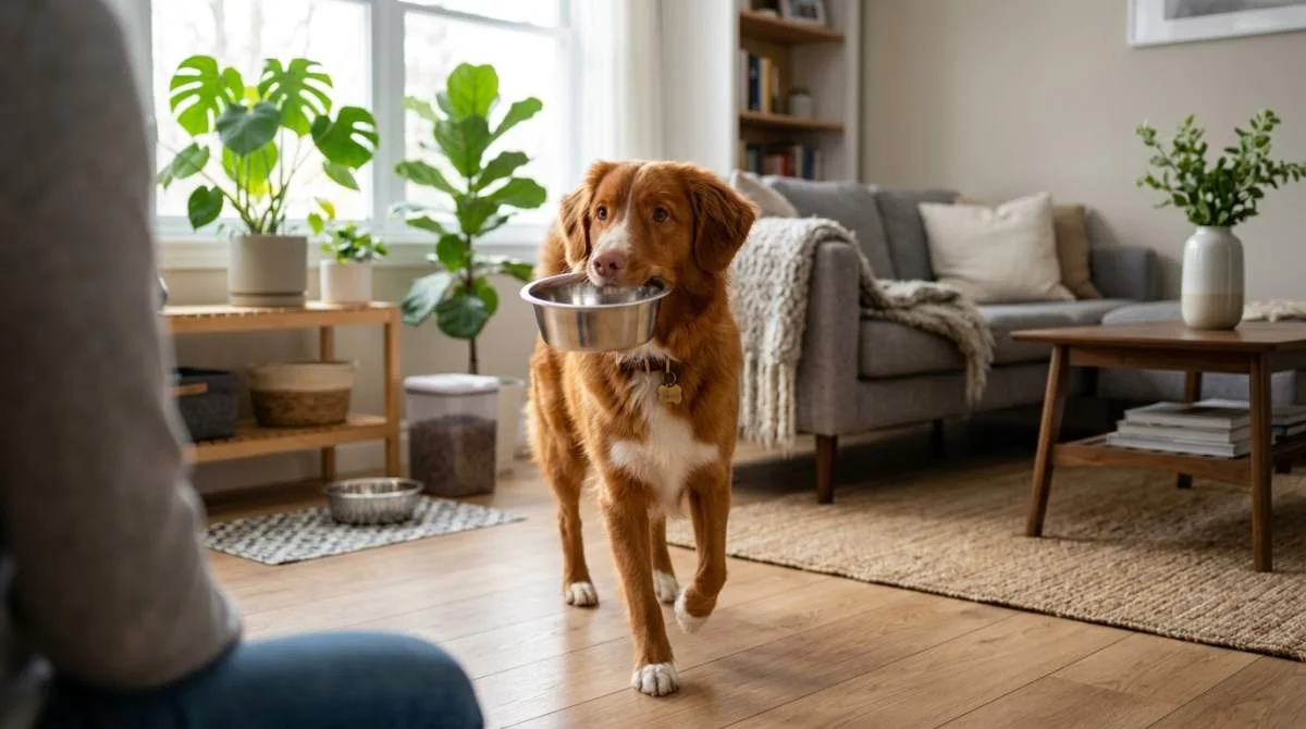 Hund trägt Futternapf durch das Wohnzimmer