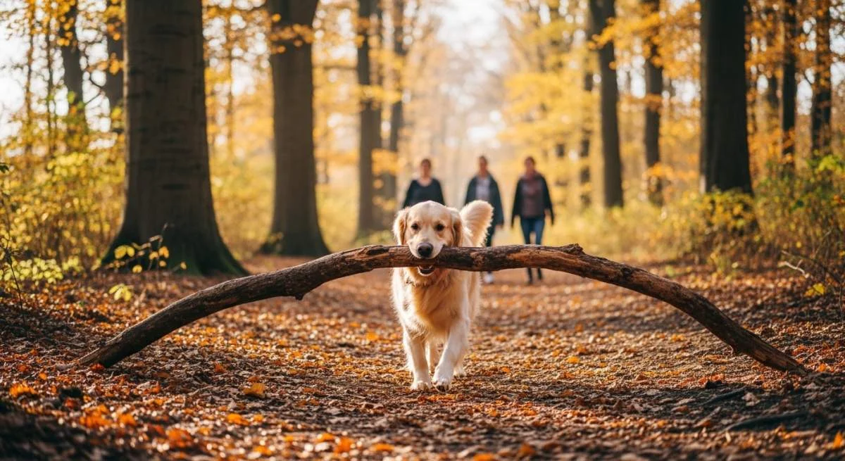 Hund trägt beim Spaziergang stolz einen Stock und folgt damit seinem natürlichen Spiel-, Beute- und Apportierinstinkt.