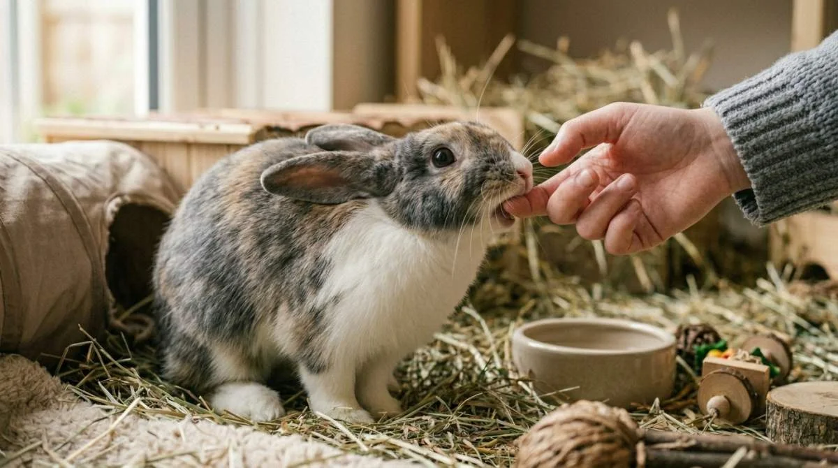 Kaninchen beißt aus Stress.