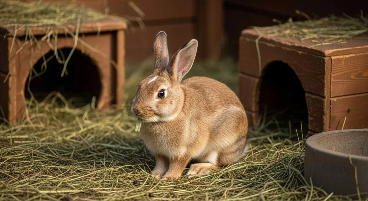 Kaninchen frisst nährstoffreichen Blinddarmkot zur Unterstützung der Verdauung