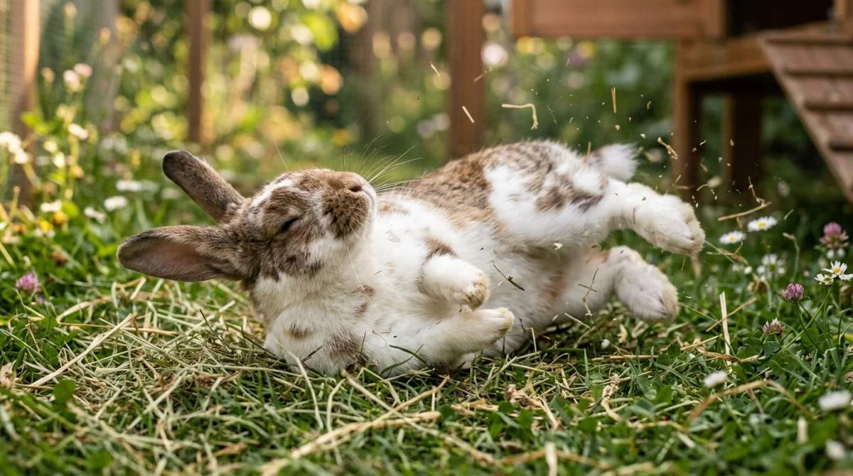 Kaninchen macht einen entspannten Flop auf dem Boden im Wohnzimmer