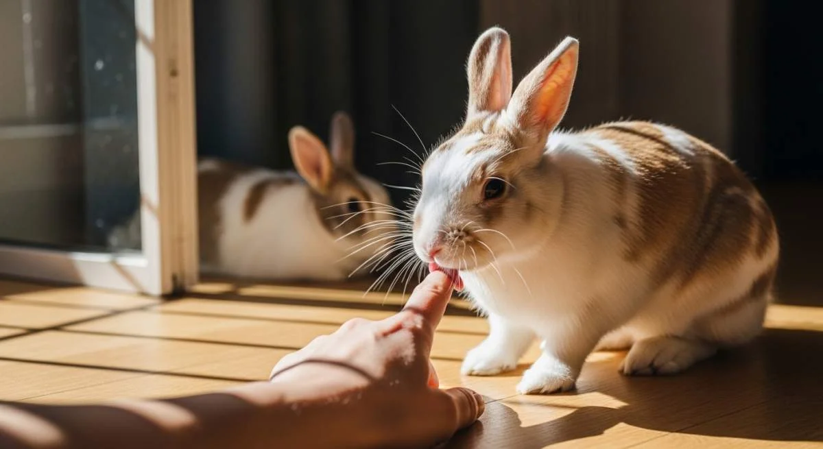 Warum lecken Kaninchen Hände? Ein Hauskaninchen leckt sanft die Hand seines Besitzers und zeigt damit soziale Bindung, Vertrauen sowie natürliches Pflegeverhalten