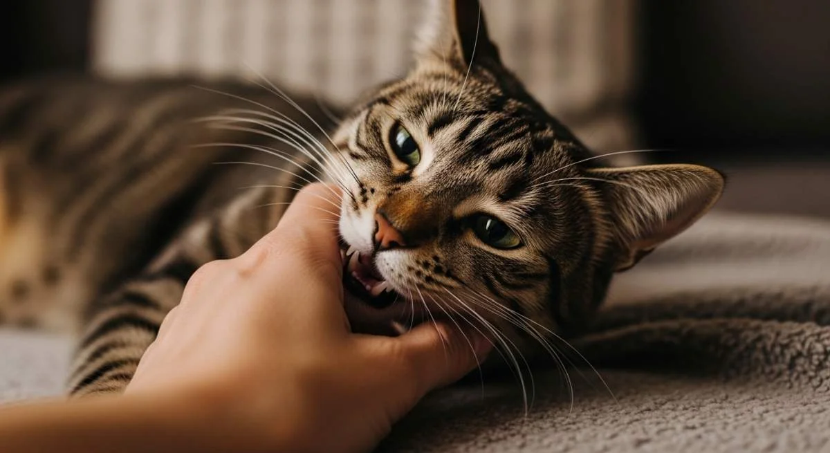 Katze beißt sanft in die Hand ihres Besitzers während sie gestreichelt wird