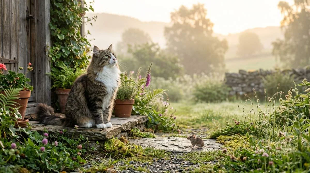 Katze sitzt mit lebender Maus vor Haustür