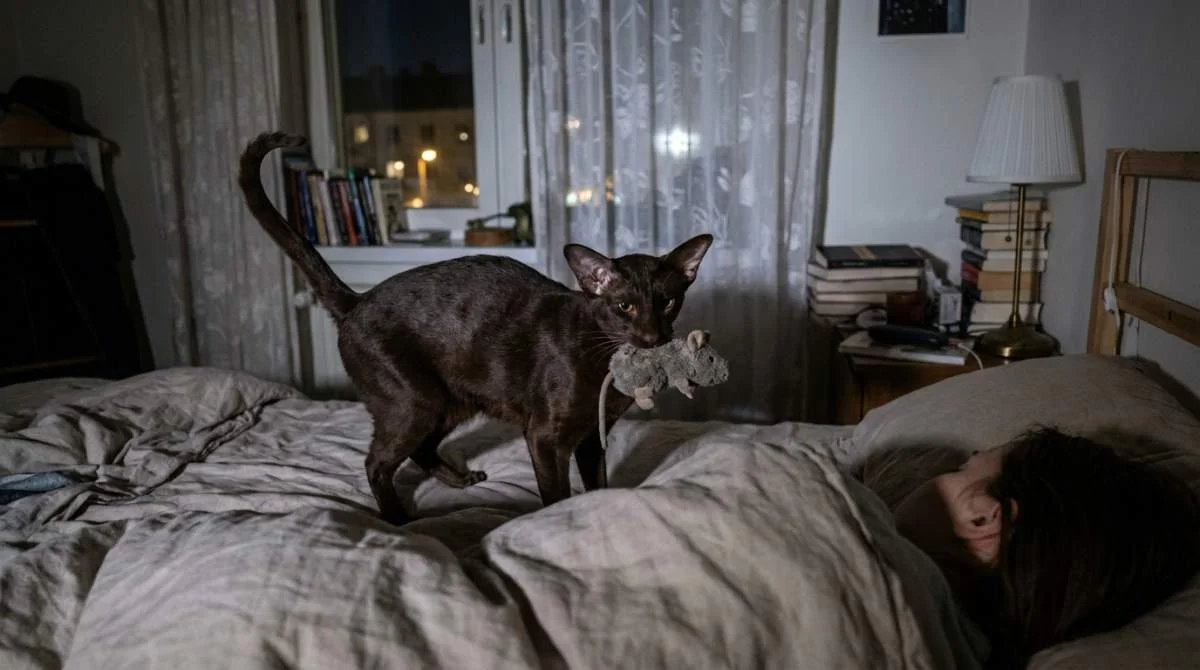 Katze legt ein Spielzeug als Geschenk auf ein Bett neben ihren Menschen