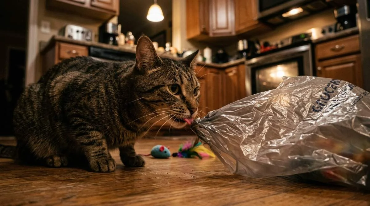 Das Lecken von Plastiktüten kann bei Katzen Neugier oder ein Warnsignal sein.