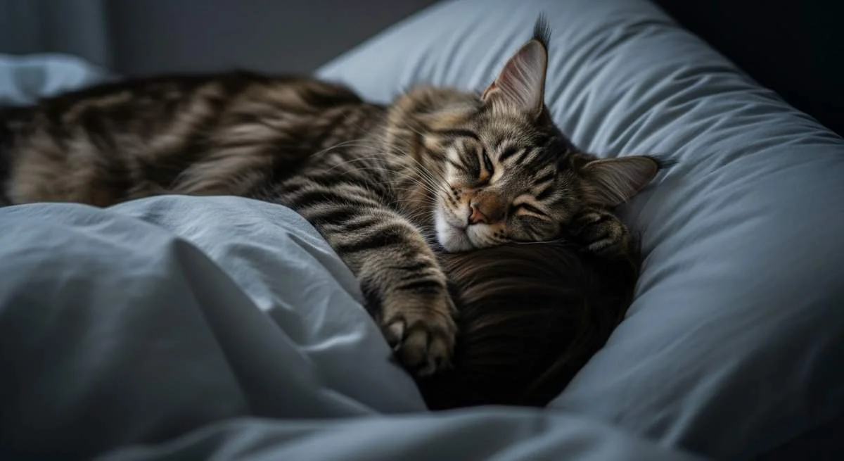 Katze schläft auf dem Kopf ihres Besitzers aus Nähe, Vertrauen und Geborgenheit.