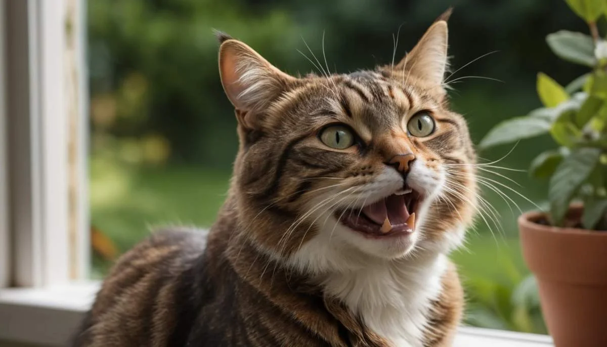 Katze schnattert aufgeregt am Fenster beim Beobachten von Vögeln