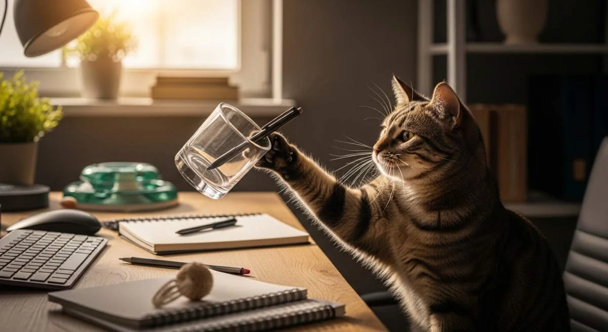 Katze stößt Gegenstände vom Tisch und testet neugierig ihre Umgebung.