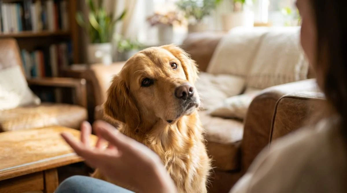 Hund neigt aufmerksam den Kopf beim Zuhören eines Geräuschs