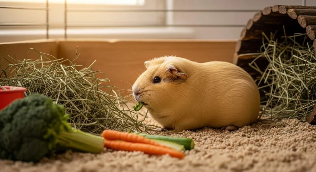 Meerschweinchen frisst Blinddarmkot für wichtige Nährstoffe und Vitamine.