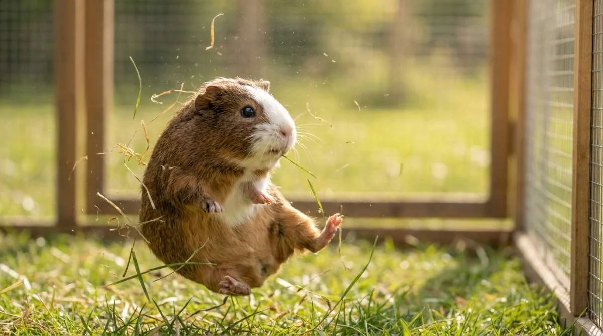 Meerschweinchen springt begeistert in einem typischen Popcornsprung