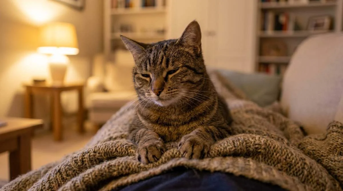 Katze macht Milchtritt mit den Pfoten auf einer weichen Decke