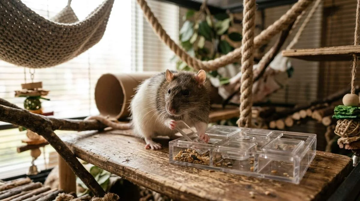 Ratte löst ein Futterpuzzle im Gehege