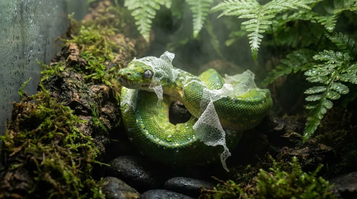 Reptil häutet sich im Terrarium mit sichtbarer alter Haut