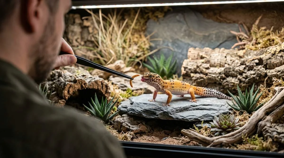 Leopardgecko wird mit Futterpinzette gefüttert