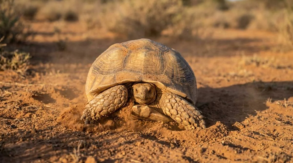 Schildkröte gräbt sich teilweise in lockeren Boden ein