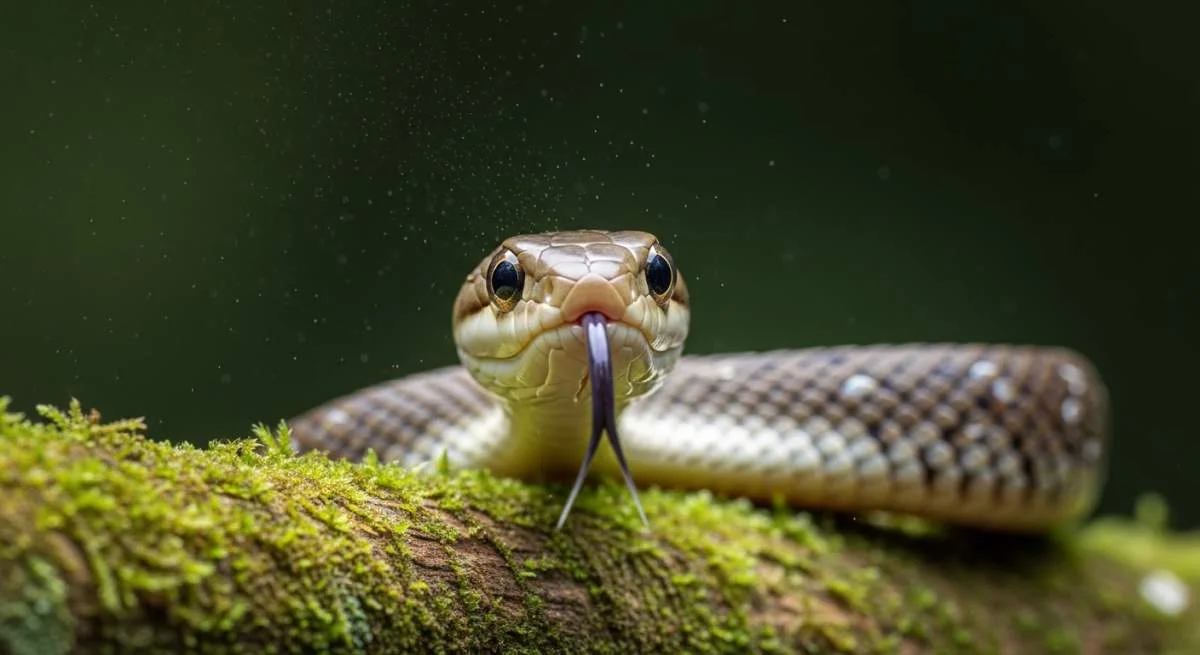 Schlange züngelt zur Orientierung mit gespaltener Zunge im Terrarium